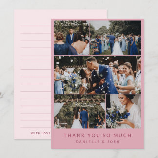 Cartão De Agradecimento Colagem de Fotos de Casamento Rosa Moderno 5 Obrig