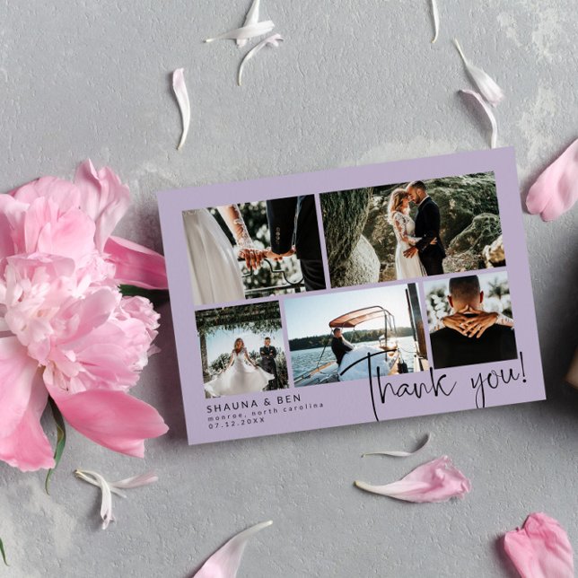 Cartão De Agradecimento Colagem de Fotos de Casamento Roxo Dusty Obrigado (Criador carregado)