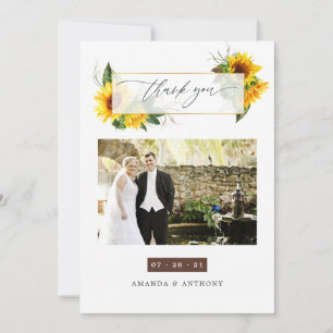 Cartão De Agradecimento Colagem de Fotos de Casamento Rústico com Girassói