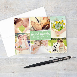 Cartão De Agradecimento Colagem de Fotos de Casamento Verde Primavera Amor