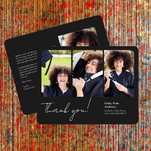 Cartão De Agradecimento Colagem de Fotos de Formatura Sofisticada Preto
