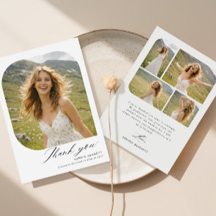 Cartão De Agradecimento Colagem de Fotos de Graduação Elegant Script Grad