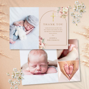 Cartão De Agradecimento Colagem de Fotos de Grama Pampas Dourada do Batism