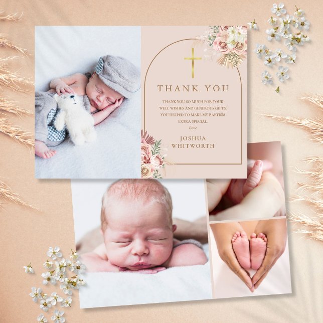 Cartão De Agradecimento Colagem de Fotos de Grama Pampas Dourada do Batism (Baptism Gold Pampas Grass Photo Collage Thank You Card)