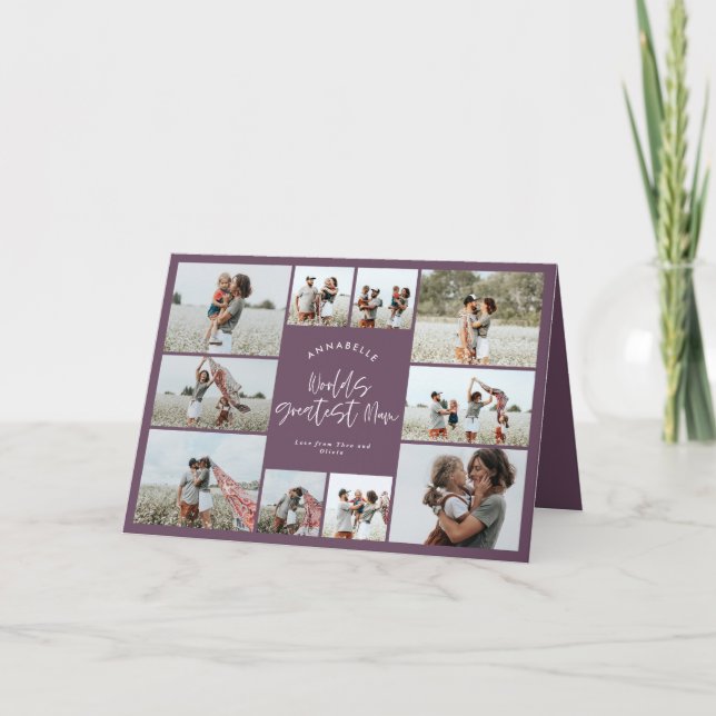 Cartão De Agradecimento Colagem de fotos mínima elegante e roxa mãe (Frente)
