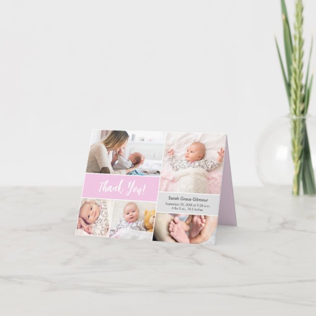 Cartão De Agradecimento Colagem de fotos personalizada da Cinza rosa (Frente)