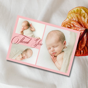 Cartão De Agradecimento Colagem de Fotos Rosa Choque Baby Shower Obrigado