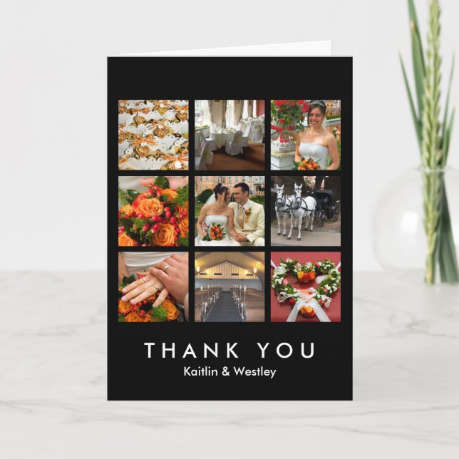 Cartão De Agradecimento Colagem de grade preta 9 fotos lembranças obrigado (Frente)