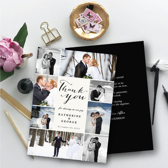 Cartão De Agradecimento Colagem Elegante de Casamento de 8 Fotos com Texto (Modern Classy Script 8 Multi Photo Collage Stylish Wedding Thank You Card @ fatfatin_blue_knot)
