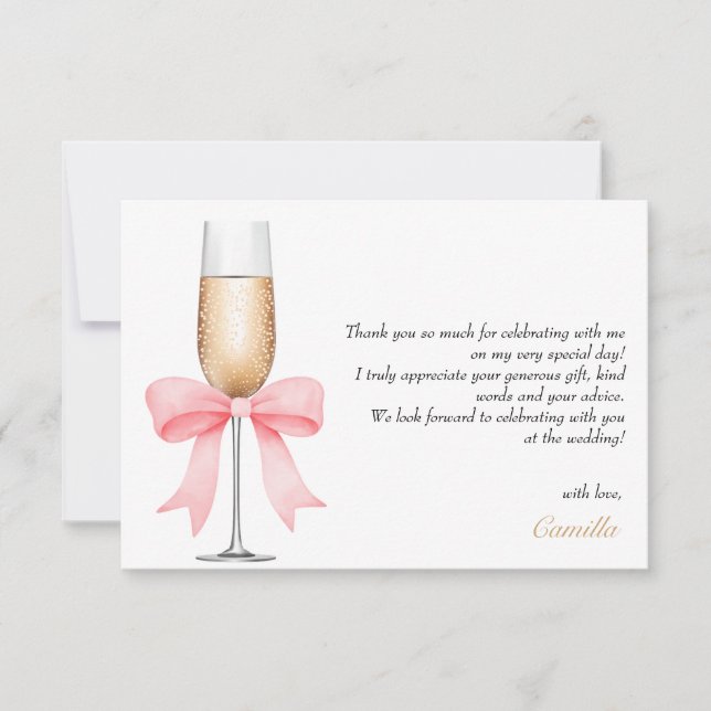 Cartão De Agradecimento Colar de Pérolas com Laço Rosa e Prosecco Obrigado (Frente)