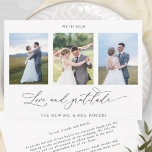 Cartão De Agradecimento Com Amor e Gratidão Casamento Elegante de Fotos<br><div class="desc">Obrigado seus convidados com este elegante cartões de agradecimentos de casamento de colagem de três fotos! Cheio branco e preto, limpo e simples, de elegância e graça. Frase "com amor e gratidão" na caligrafia escrita à mão moderna. Modelo fácil onde você pode adicionar suas imagens, o Zazzle fará todo o...</div>