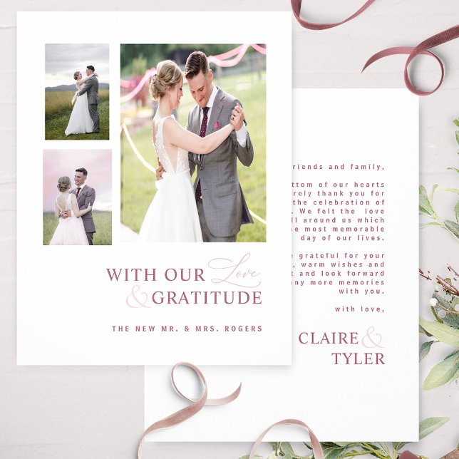 Cartão De Agradecimento Com Amor e Gratidão Foto Burgundy Casamento Rosa (Criador carregado)