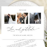 Cartão De Agradecimento Com Amor e Gratidão Foto Elegante De Casamento<br><div class="desc">Obrigado seus convidados com este elegante cartões de agradecimentos de casamento de colagem de três fotos! Cheio branco e preto, limpo e simples, de elegância e graça. Frase "com amor e gratidão" na caligrafia escrita à mão moderna. Fácil modelo onde você pode adicionar suas imagens, Zazzle fará todo o trabalho...</div>