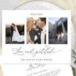 Cartão De Agradecimento Com Casamento de Foto Monograma de Amor e Gratidão<br><div class="desc">Obrigado seus convidados com este elegante cartões de agradecimentos de casamento com três fotos de colagem de fotos! Cheio branco e preto, limpo e simples, de elegância e graça. Frase "com amor e gratidão" na caligrafia escrita à mão moderna. Voltar com um monograma desenhado com a mão elegante com iniciais...</div>