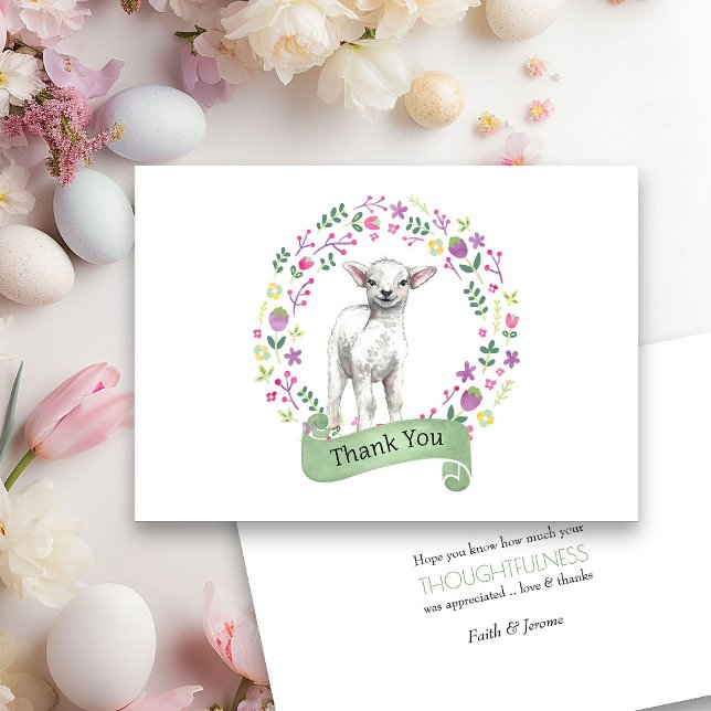 Cartão de agradecimento com cordeirinho fofo em um (Spring or Easter Thank you card from my Little Bunny & Little Lamb Baby Shower collection)
