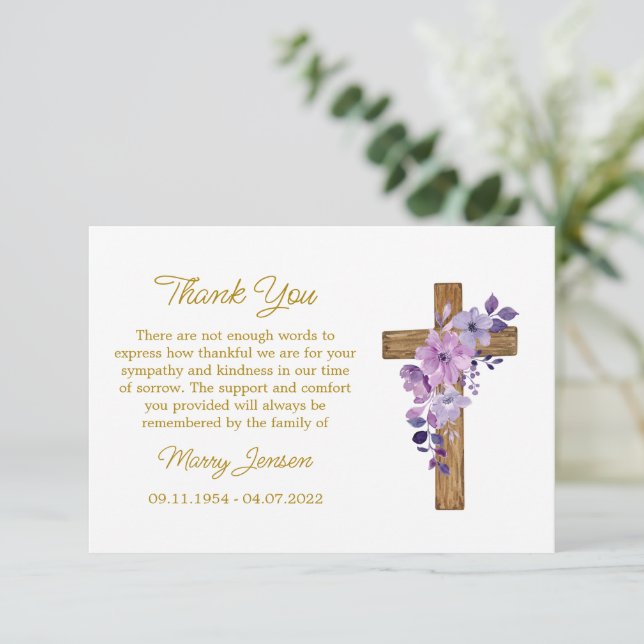 Cartão de agradecimento com flor violeta e cruz de (Em pé/Frente)