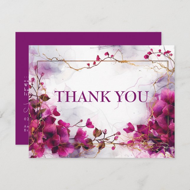 Cartão De Agradecimento Com foto fushsia Enchantment: Casamento por Aquare (Frente/Verso)