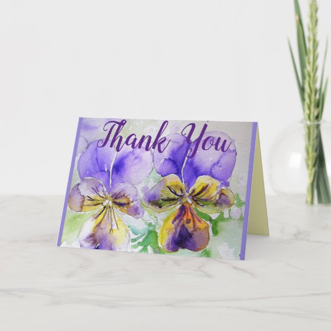 Cartão de Agradecimento com Pansy Roxa em Aquarela (Frente)