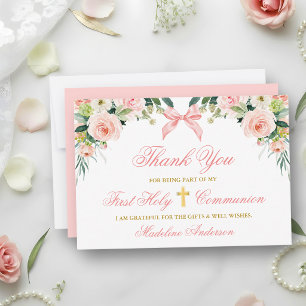 Cartão De Agradecimento Comunhão Dourada Arco Floral Rosa Aquarela
