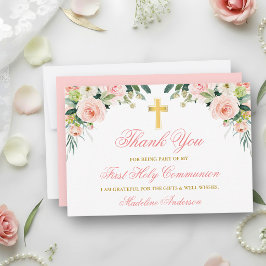 Cartão De Agradecimento Comunhão Dourada Floral Rosa Branca Aquarela