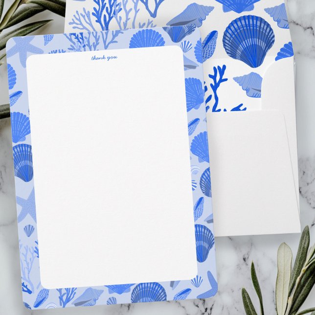 Cartão De Agradecimento Conchas Marinhas Chá de Noiva Elegante Praia Azul  (Seashells Bridal Shower Elegant Blue Beach CUSTOM Thank You Card
)