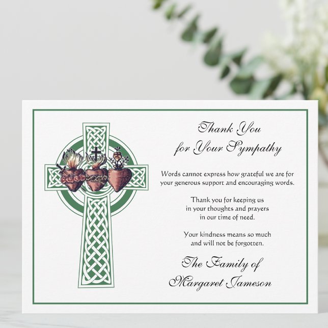 Cartão De Agradecimento Condolência da Cruz Celta Irlandesa Religiosa (Irish Celtic Cross with the Three Hearts of Jesus, Mary, and Joseph Funeral Thank You Cards
)