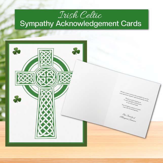 Cartão De Agradecimento Condolências à cruz celta irlandesa católica (Irish Celtic Cross with Shamrocks Funeral Sympathy Acknowledgement Cards)