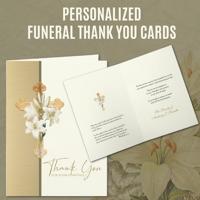 Cartão De Agradecimento Condolências Cristãs Obrigado Cruzando Lírios (Personalized Funeral Thank You Cards with Gold Cross, Lily and Scripture Verse)
