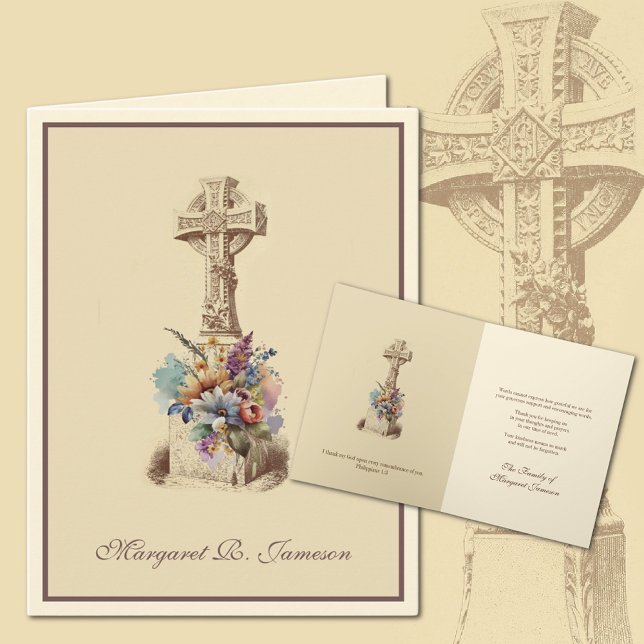 Cartão De Agradecimento Condolências Florais pela Cruz Celta Irlandesa (Irish Celtic Cross Funeral Condolence Thank You Cards)