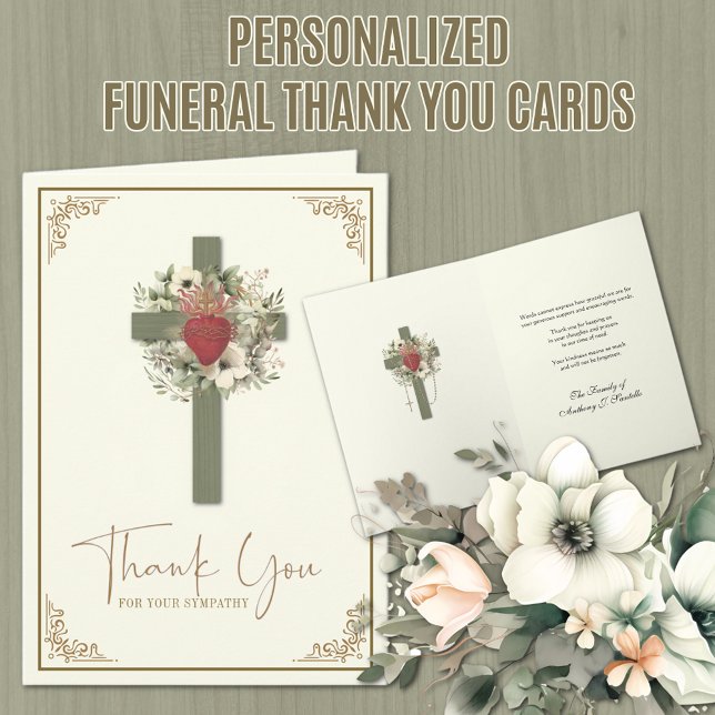Cartão De Agradecimento Condolências Funerais Católicas Cruzadas Obrigado (Traditional Catholic Funeral Sympathy Thank You Card with Sacred Heart of Jesus)
