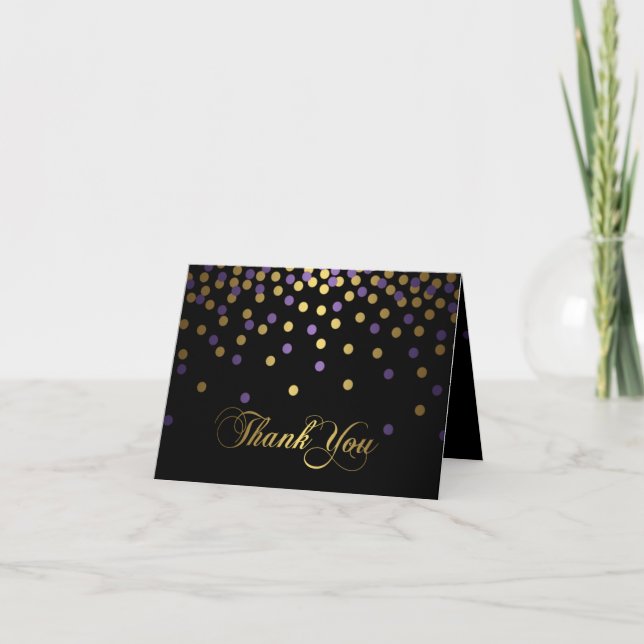 Cartão de Agradecimento Confete Roxo e Dourado (Frente)