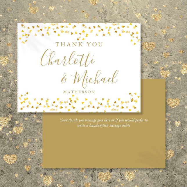 Cartão De Agradecimento Confetes de Corações Dourados Casamento com Letra  (Gold Hearts Confetti Signature Script Wedding Thank You Card)