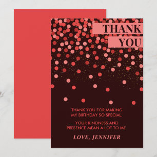 Cartão De Agradecimento Confetes Preto e Vermelho Aniversário Chic