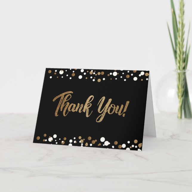 Cartão De Agradecimento Confetti Preto Dourado Personalizável 85.º Anivers (Frente)