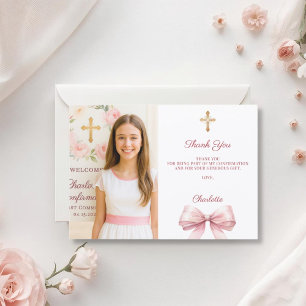 Cartão De Agradecimento Confirmação de foto de menina com laço rosa