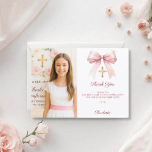 Cartão De Agradecimento Confirmação de foto de menina com laço rosa