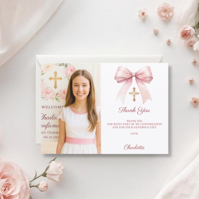 Cartão De Agradecimento Confirmação de foto de menina com laço rosa (Criador carregado)