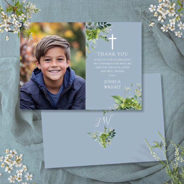 Cartão De Agradecimento Confirmação de Foto Dusty Blue Greenery (Dusty Blue Greenery Photo Confirmation Thank You Card)