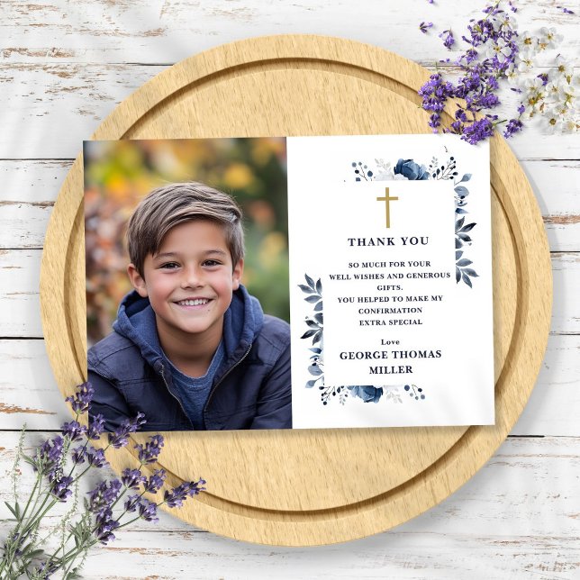 Cartão De Agradecimento Confirmação de Foto Floral Azul Marinho Elegante (Navy Blue Elegant Floral Photo Confirmation Thank You Card)