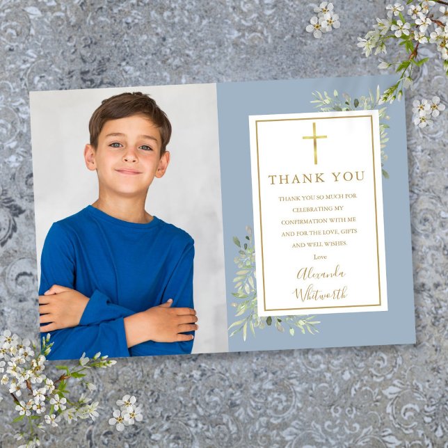 Cartão De Agradecimento Confirmação de Foto Floral Dusty Blue Greenery (Dusty Blue Greenery Floral Photo Confirmation Thank You Card)