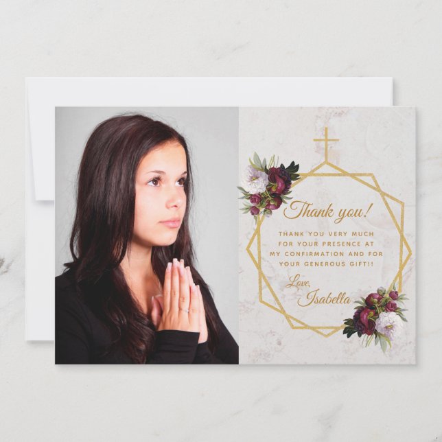 Cartão De Agradecimento Confirmação de Menina Peônia Borgonha Dourado Márm (Frente)