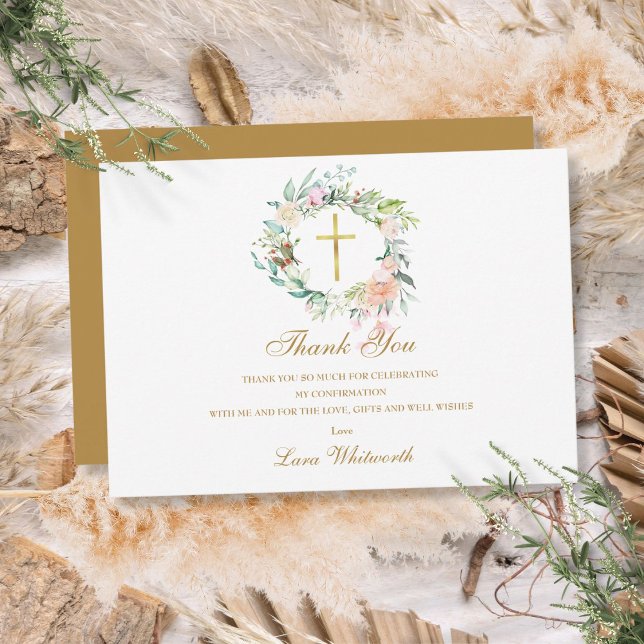 Cartão De Agradecimento Confirmação de Rosas em Guirlanda Floral com Letra (Roses Floral Garland Confirmation Gold Script Thank You Card)