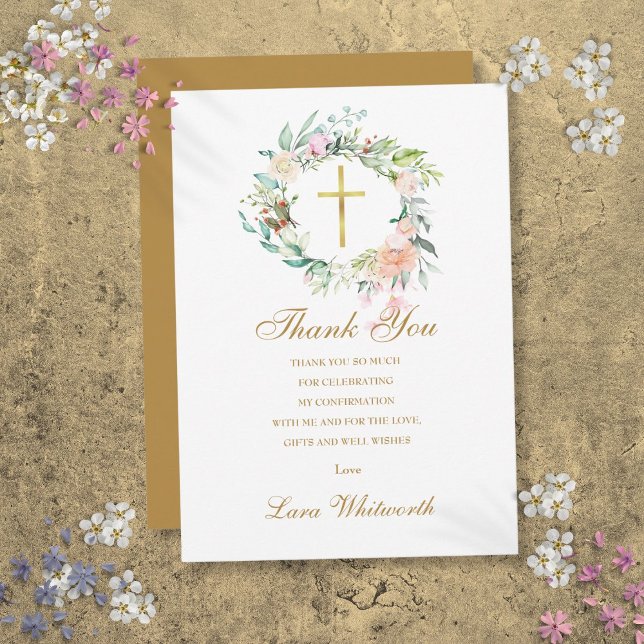 Cartão De Agradecimento Confirmação de Script Dourado Floral do Rosa (Roses Floral Gold Script Confirmation Thank You Card)