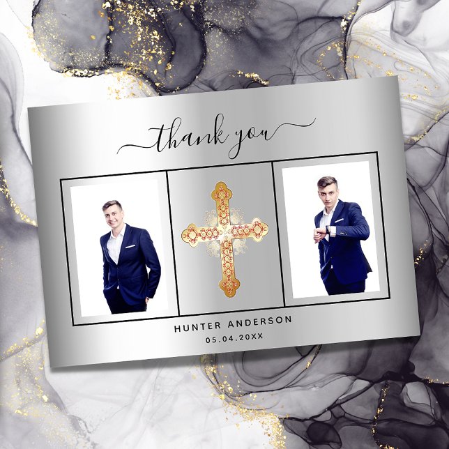 Cartão De Agradecimento Confirmação do guião fotográfico prateado (Criador carregado)