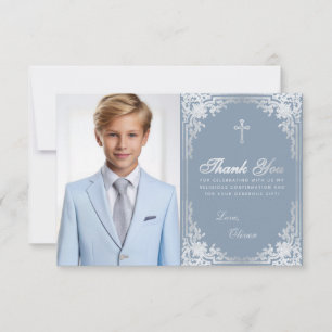 Cartão De Agradecimento Confirmação Menino Vintage Dusty Blue Prata Foto