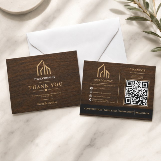 Cartão De Agradecimento Construção de Código QR com Textura de Madeira Mod (Modern Wood Grain QR Code Construction Thank You Card
)