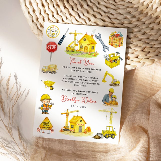 Cartão De Agradecimento Construção em Aquarela 2º Aniversário (Watercolor Construction 2nd Birthday Thank You Card
)