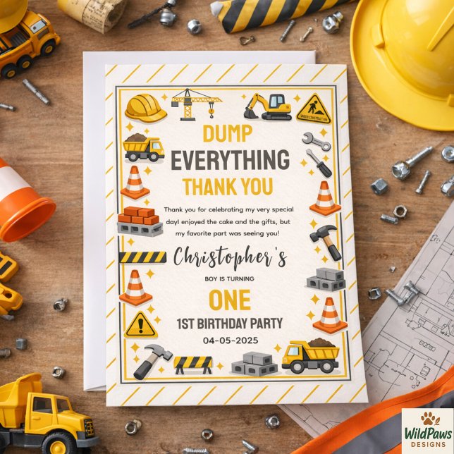 Cartão De Agradecimento Construction 1ST Birthday | Builder Truck Party  (Construction 1ST Birthday | Builder Truck Party Thank You Card
)