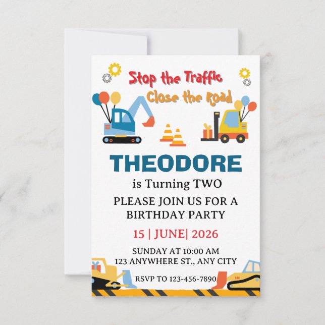 Cartão De Agradecimento Construction Truck Vehicles Boys 2nd Birthday (Frente)