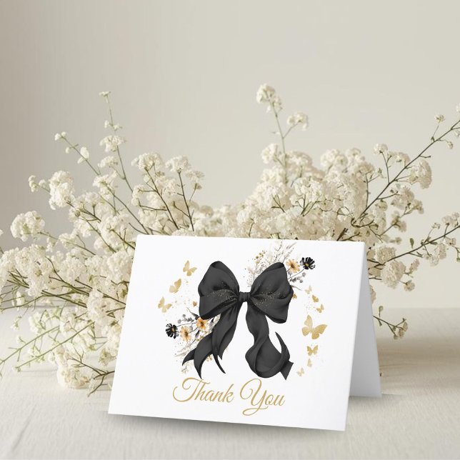 Cartão de Agradecimento Coquete Elegante com Laço  (Elegant Black Bow Wildflower thank you card)